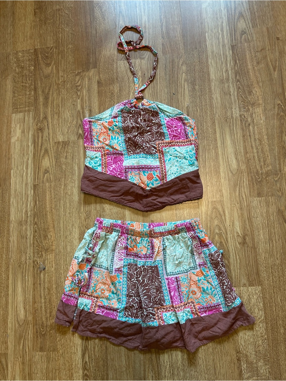 Patchwork Print Halter Crop Top and Shorts Set